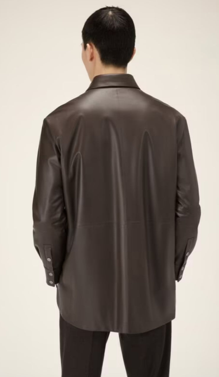 Men's Full Sleeve Leather Shirt In Coffee Brown