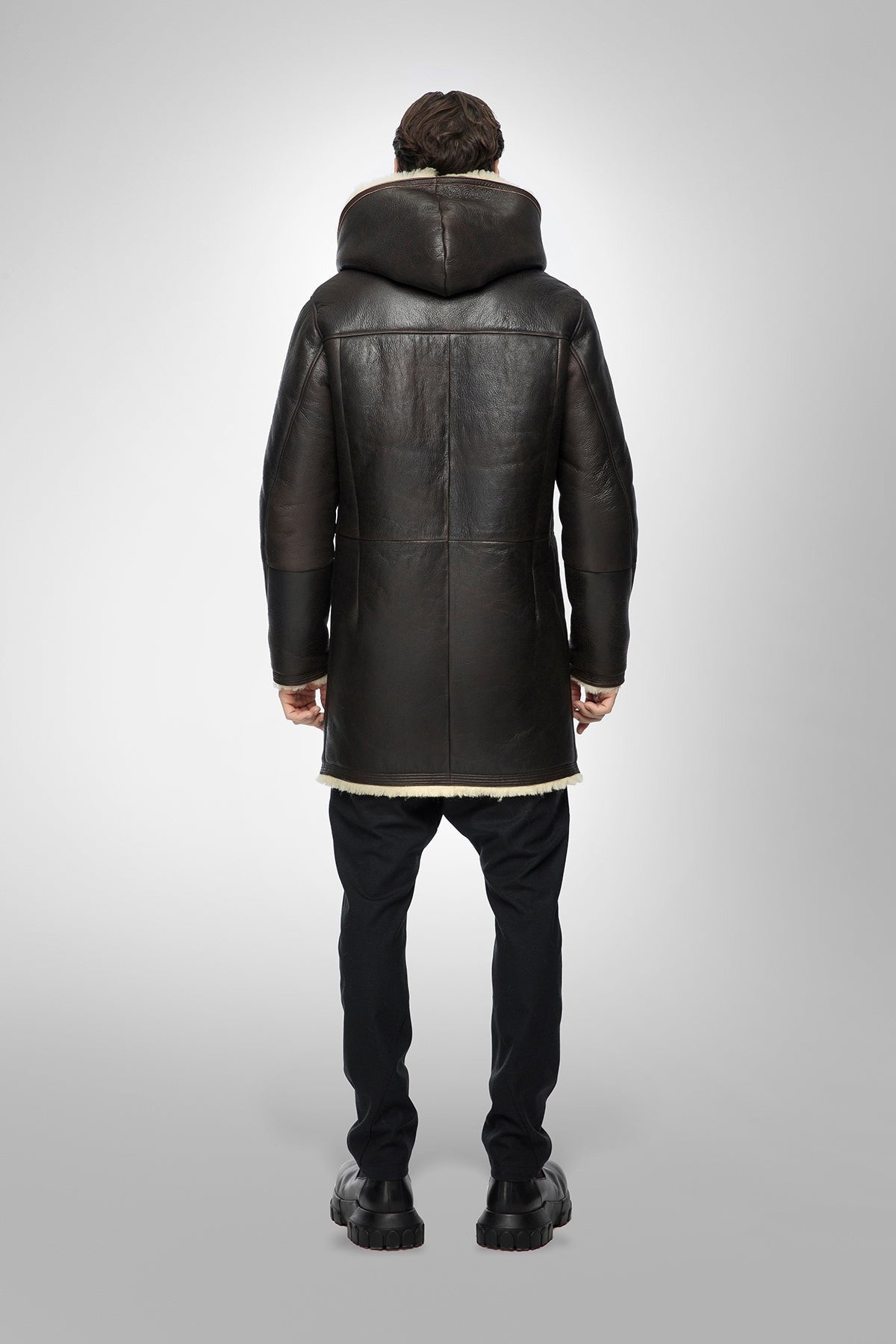 Men's Hooded Sheepskin Shearling Leather Coat In Black