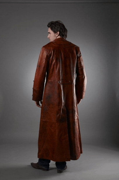 Men's Long Leather Coat In Dark Brown