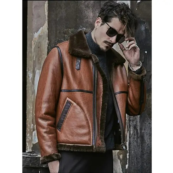 Arcane Fox - Men's Shearling B3 Bomber Leather Jacket In Dark Brown