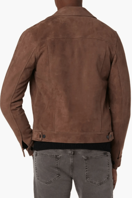 Men's Suede Leather Trucker Jacket In Tan Beige