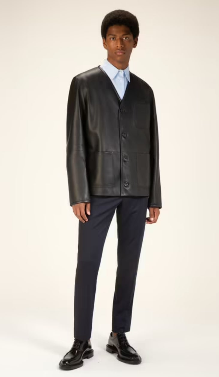 Men's V-Neck Cowhide Leather Shirt In Black