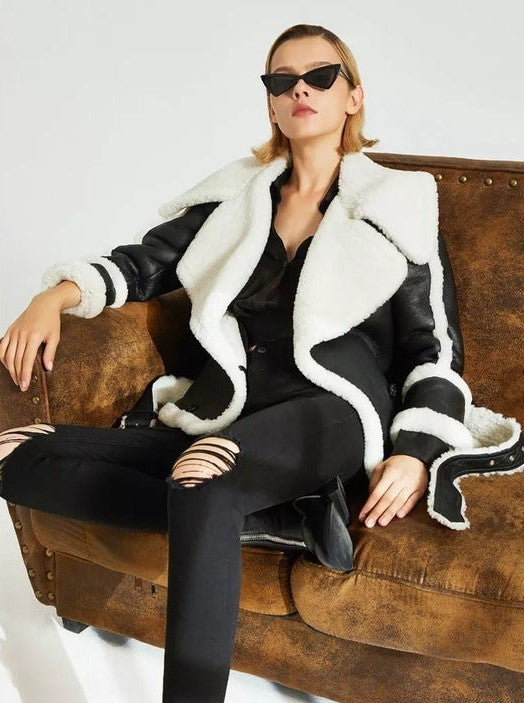Arcane Fox - Women's Belted Sheepskin Leather Jacket In Black