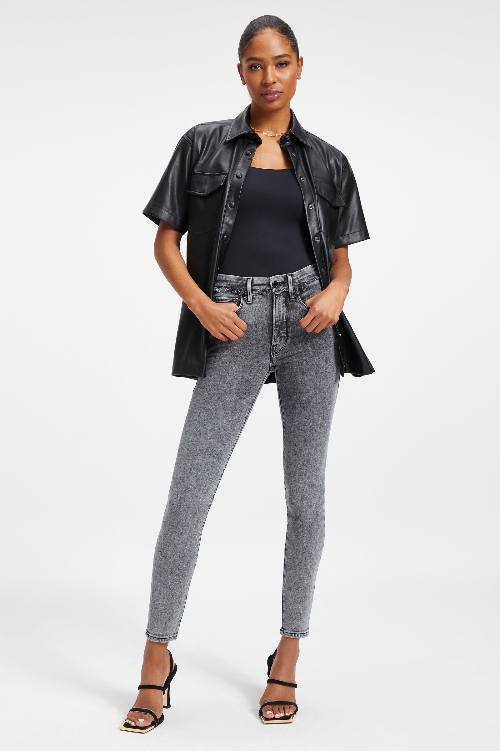 Women's Black Trucker Leather Shirt In Half Sleeve