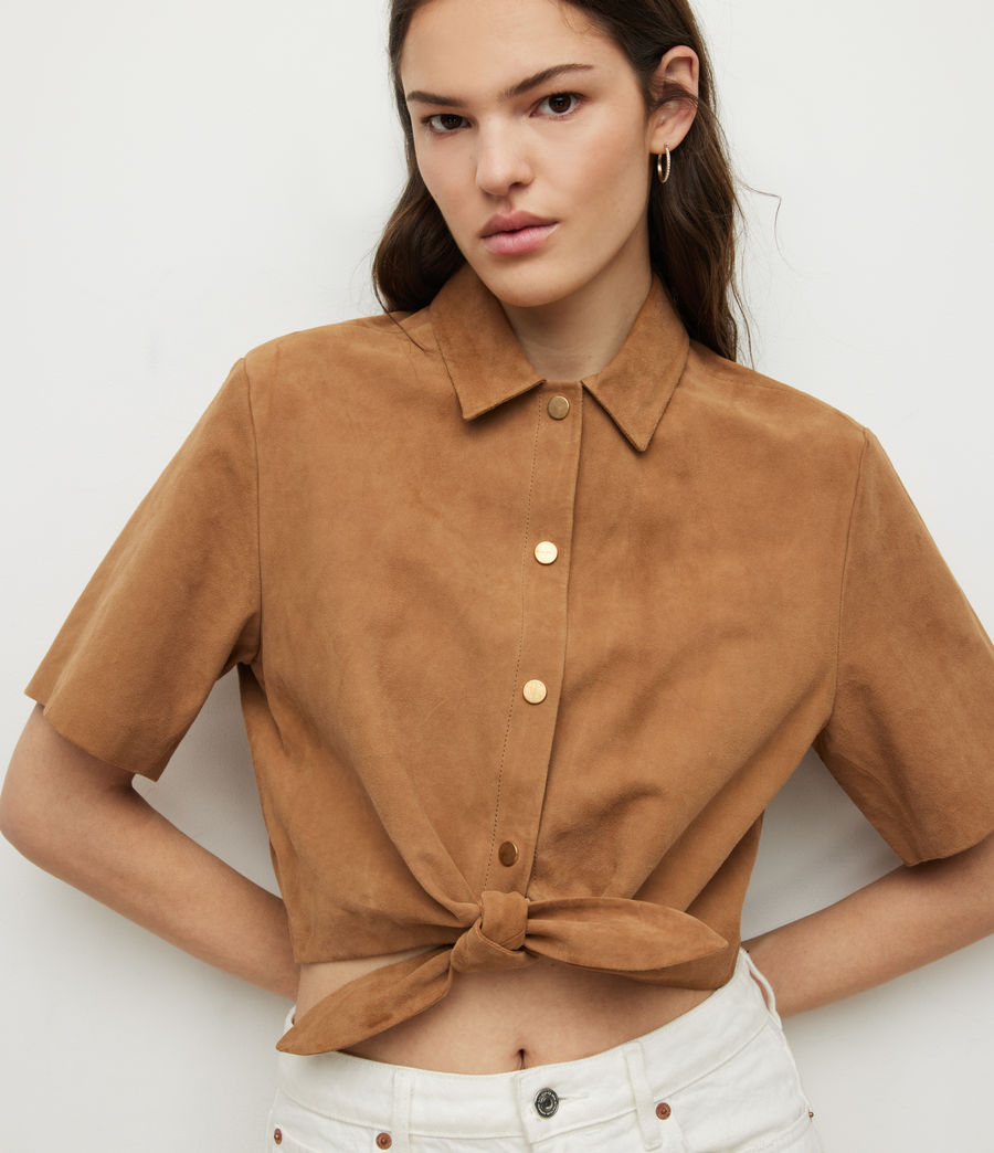 Women's Cropped Suede Leather Shirt In Brown