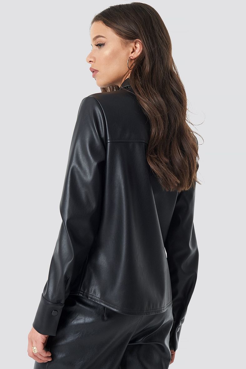 Women's Full Sleeve Trucker Leather Shirt In Black
