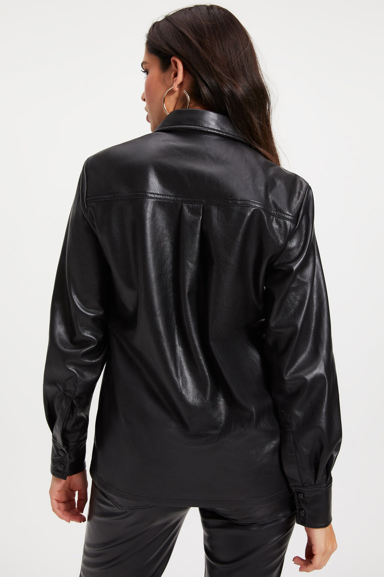 Women's Full Sleeve Leather Trucker Shirt In Black
