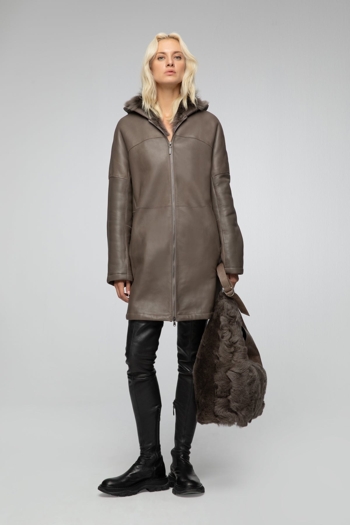 Women's Hooded Shearling Leather Coat In Brown Arcane Fox