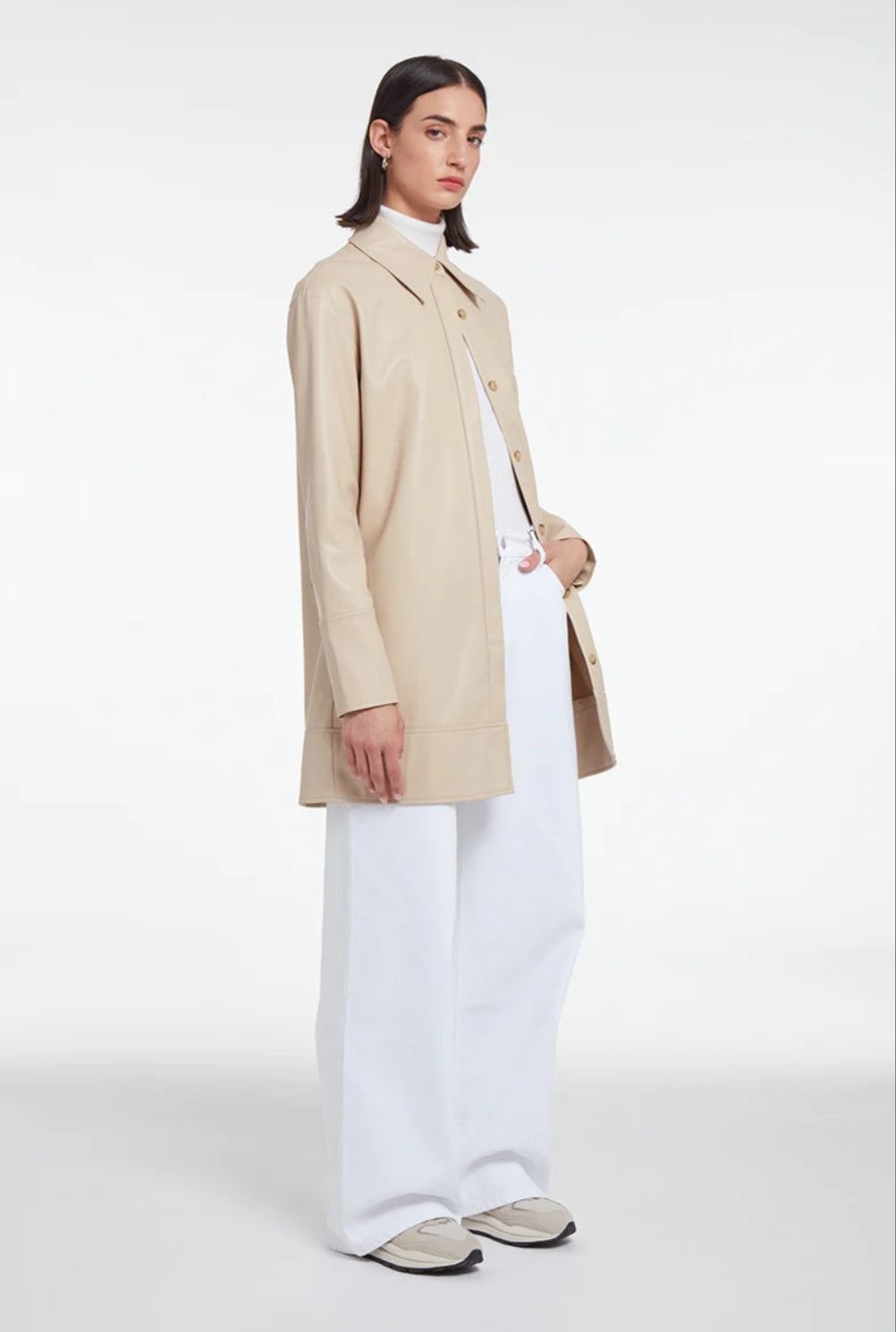 Women's Long Leather Shirt In Beige