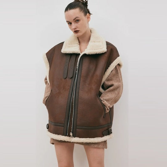 Arcane Fox - Women's Oversized Shearling Leather Vest In Chocolate Brown