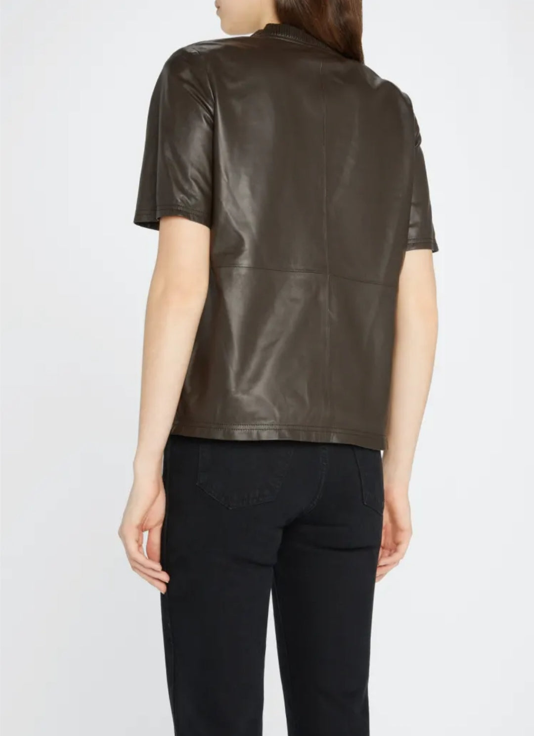 Women's Round Neck Leather Shirt In Coffee Brown