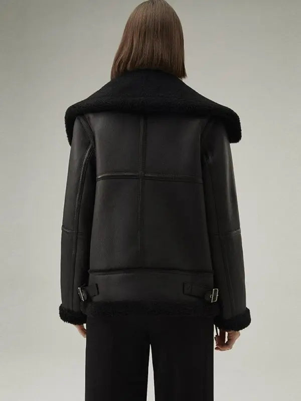 Arcane Fox - Women's Shearling Aviator Leather Jacket In Matte Black