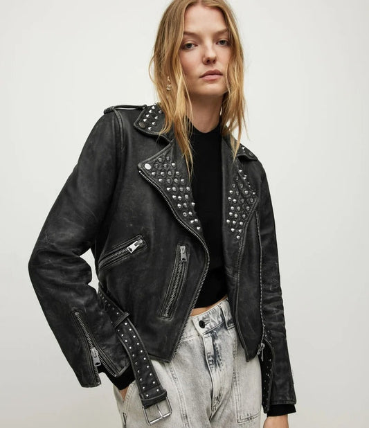 Arcane Fox - Women's Studded Distressed Leather Jacket In Black