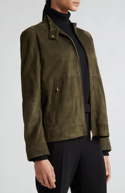 Women's Suede Leather Motorcycle Jacket In Khaki