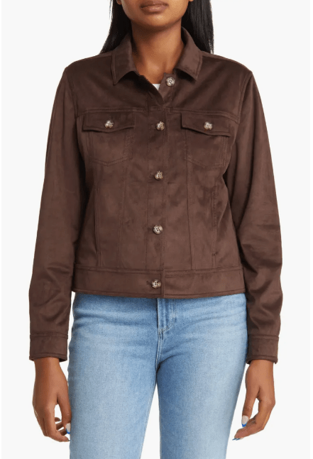 Women's Suede Leather Trucker Jacket In Coffee Brown