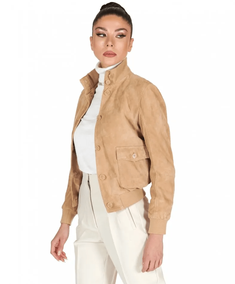 Women's Suede Trucker Leather Bomber Jacket In Tan Brown