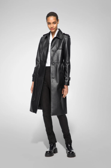 Women's Trench Leather Coat In Black With Belted Waist