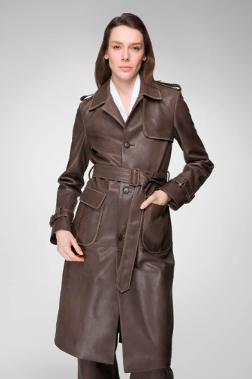 Women's Trench Leather Coat In Coffee Brown