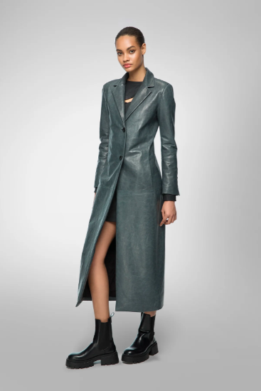 Women's Trench Leather Coat In Gray