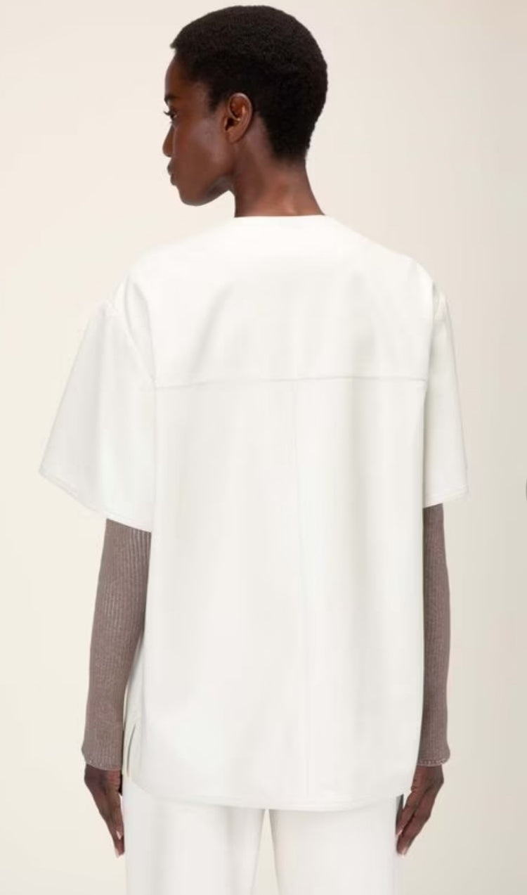 Women's White Leather Shirt In Round Neck
