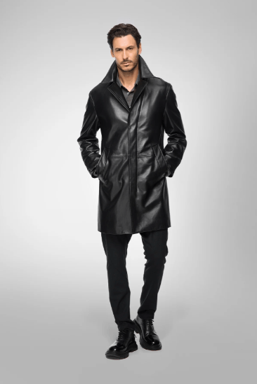 Men's Casual Leather Coat In Black