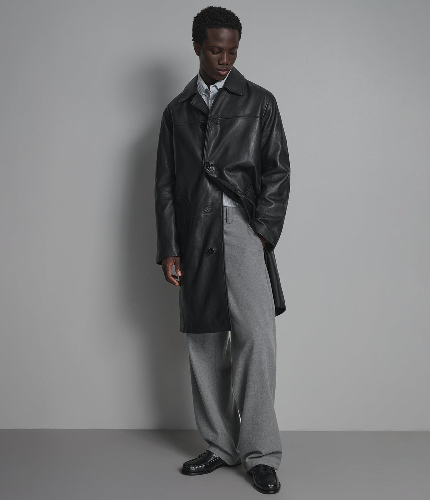 Men's Black Trench Leather Coat - Arcane Fox