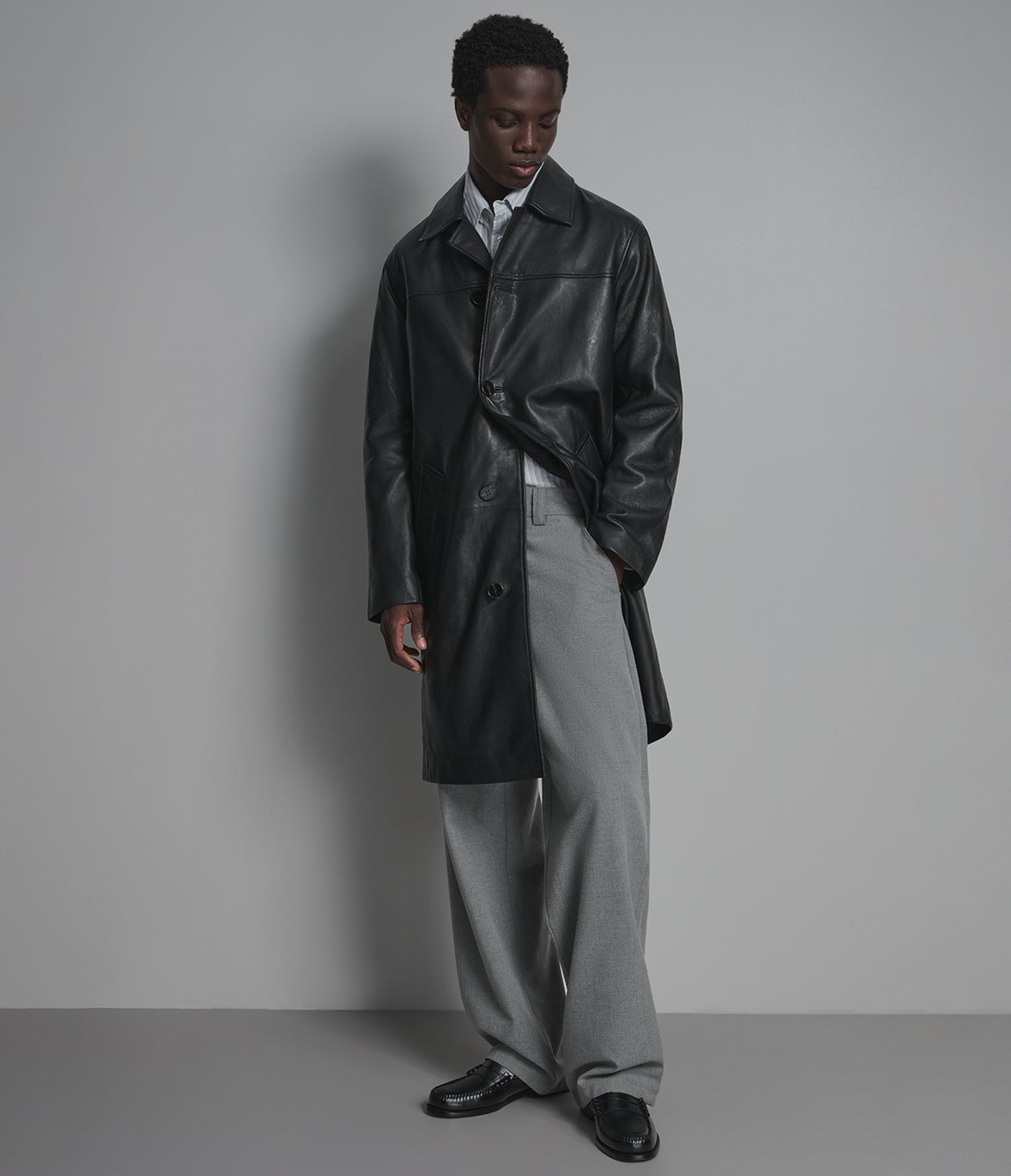 Men's Black Trench Leather Coat - Arcane Fox