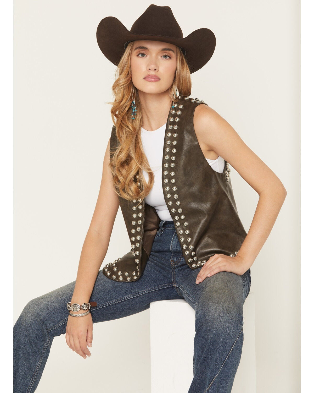 Women's Chocolate Brown Studded Leather Vest