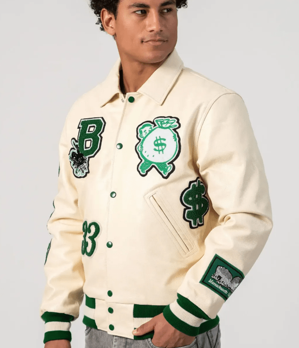 Boston Limited Edition Bomber Varsity Leather Jacket In Off White