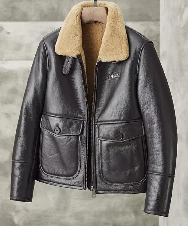Men's Aviator Raf Shearling Leather Jacket In Black