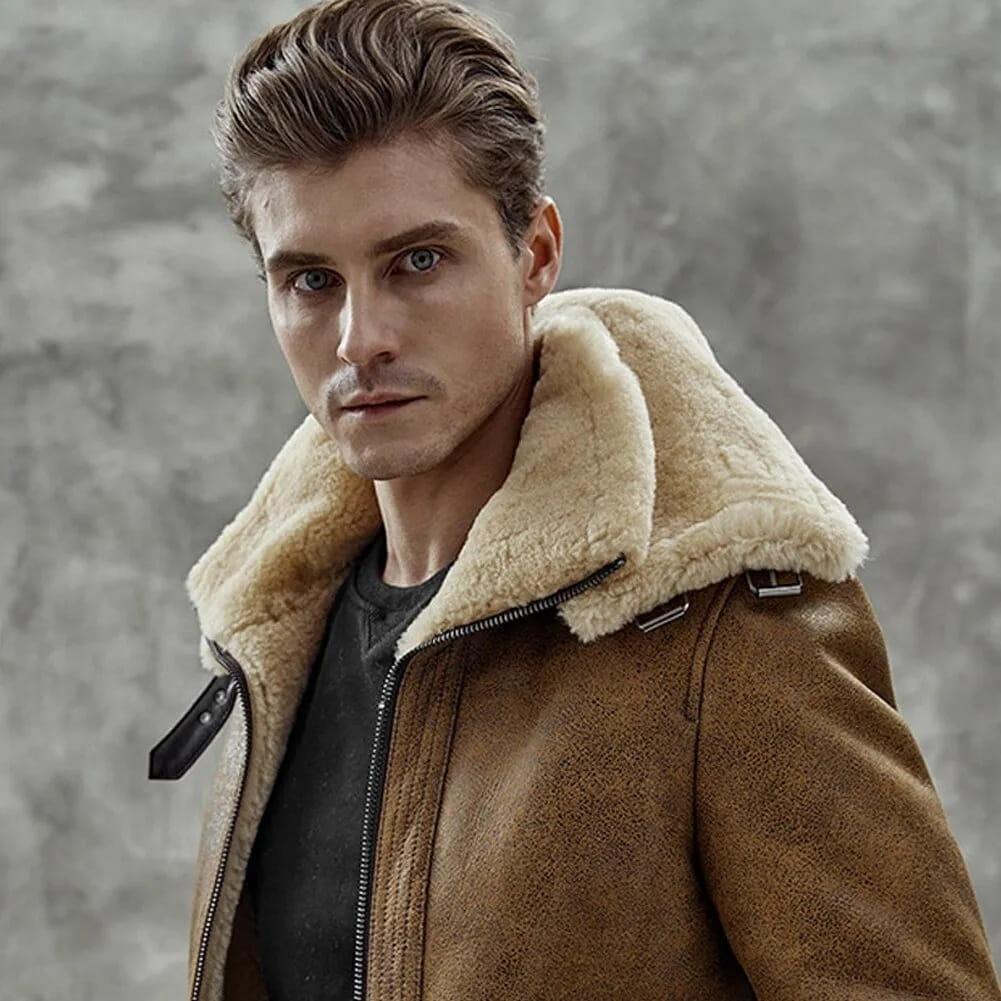 Men's B3 Belted Shearling Leather Jacket In Brown With Oversized Collar - Arcane Fox