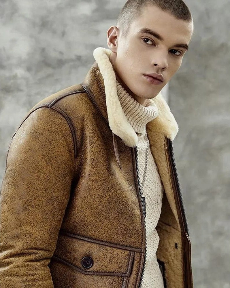 Men's B3 Harrington Shearling Leather Jacket In Brown - Arcane Fox