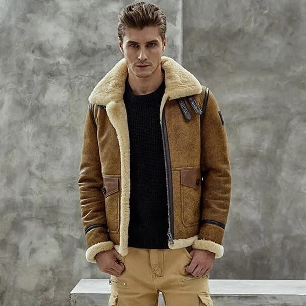 Arcane Fox - Men's B3 Shearling Harrington Leather Jacket In Brown