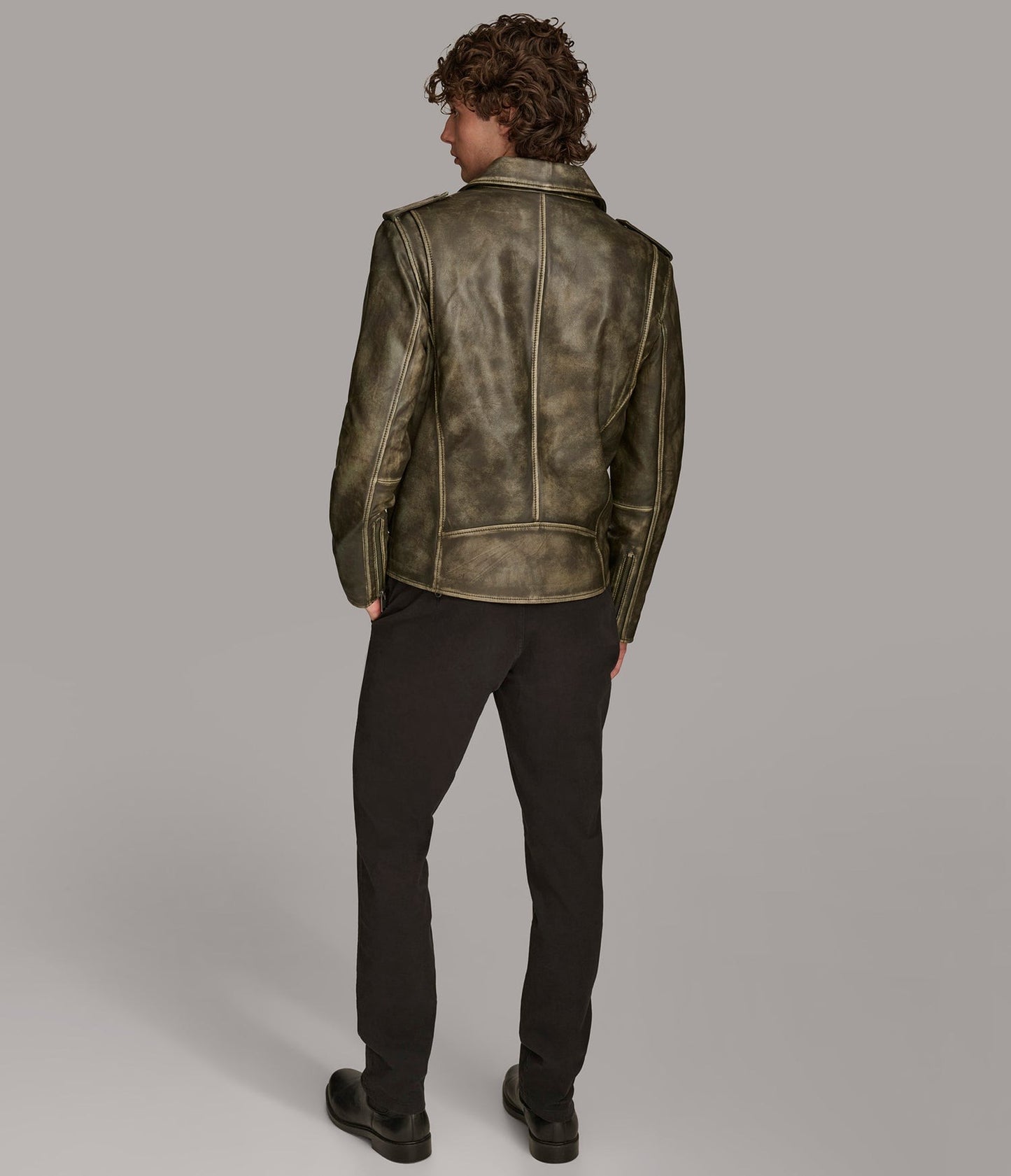 Men's Belted Distressed Biker Leather Jacket