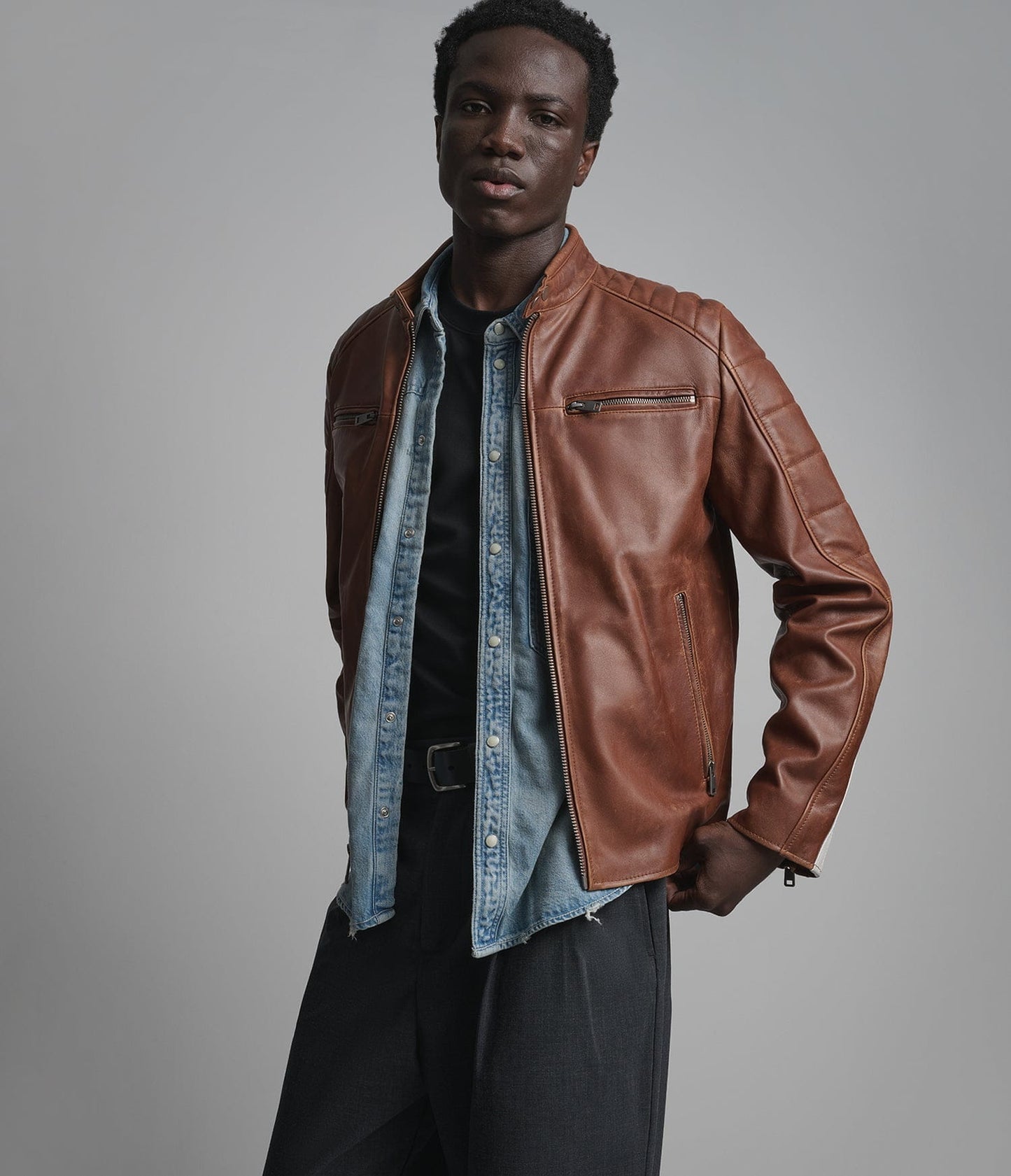 Men's Biker Cafe Racer Leather Jacket In Dark Brown - Arcane Fox