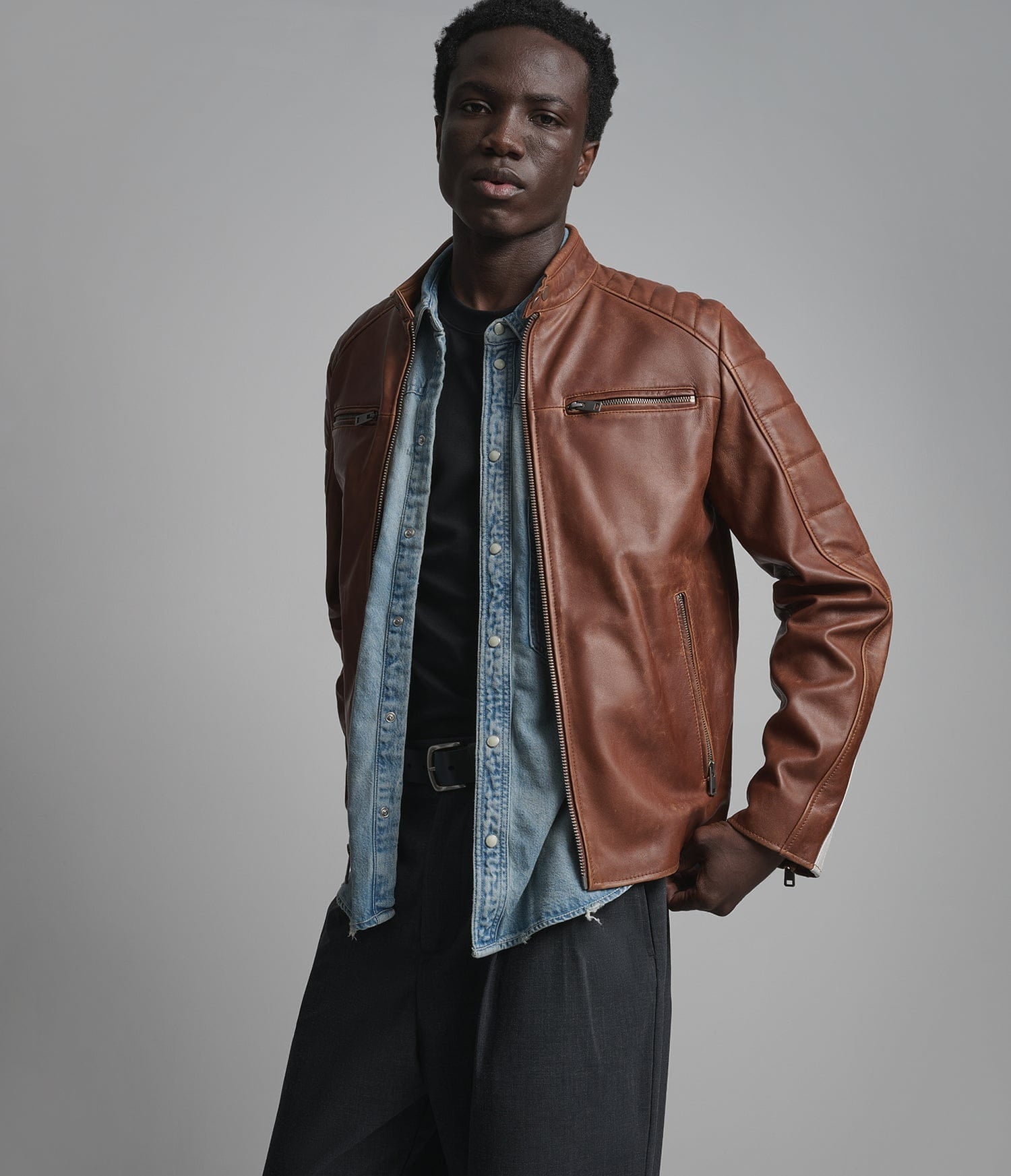 Men's Biker Cafe Racer Leather Jacket In Dark Brown - Arcane Fox