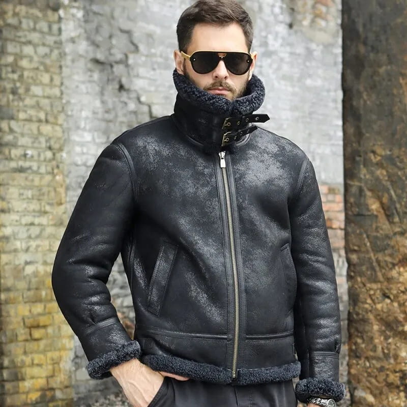 Men's Black B3 Shearling Aviator Leather Jacket - Arcane Fox