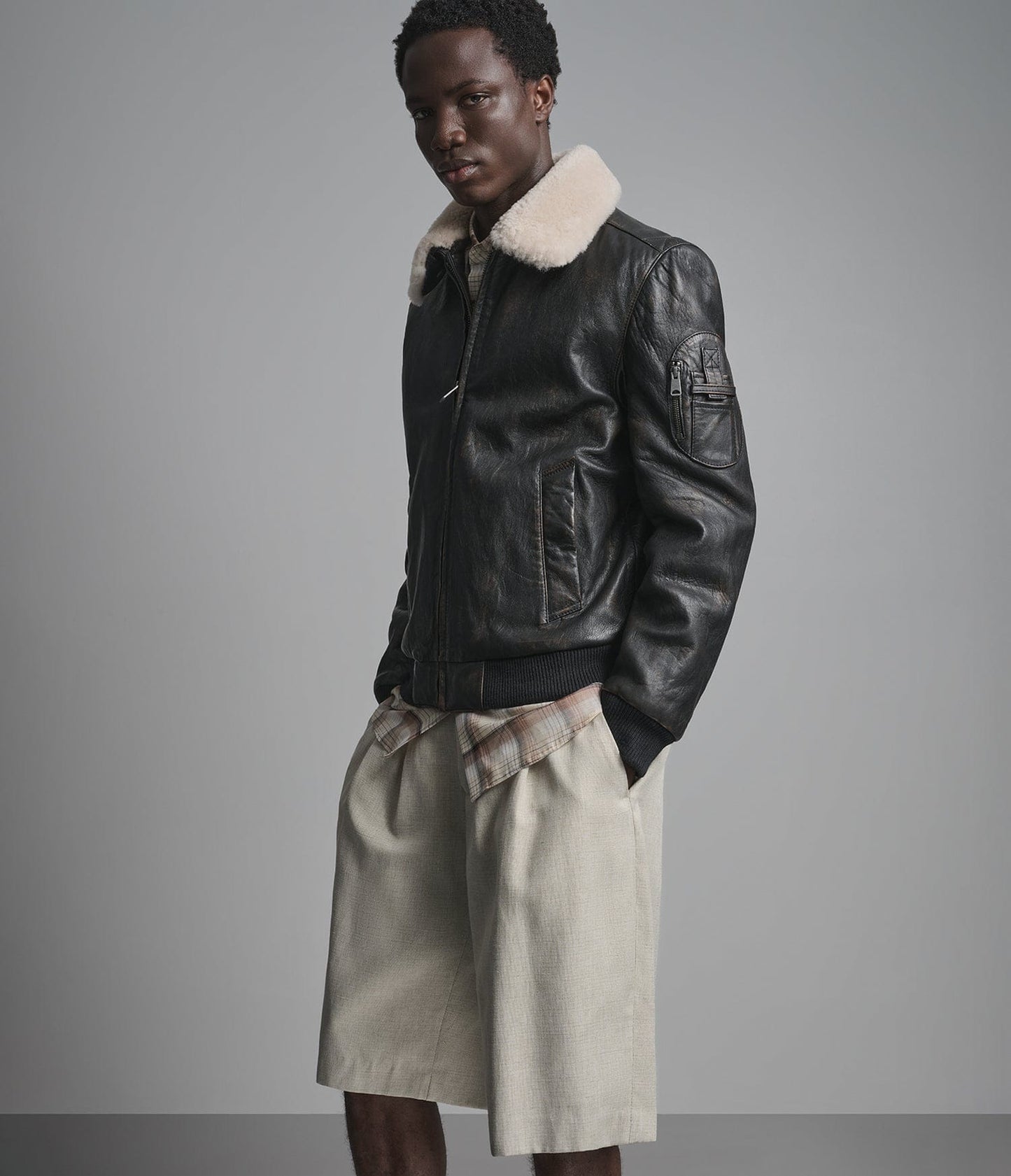 Men's Black Bomber Shearling Leather Jacket - Arcane Fox