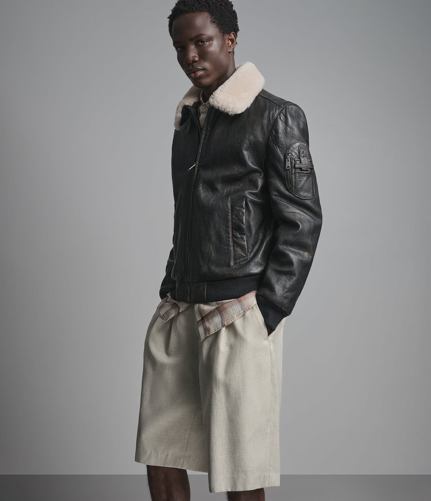 Men's Black Bomber Shearling Leather Jacket - Arcane Fox