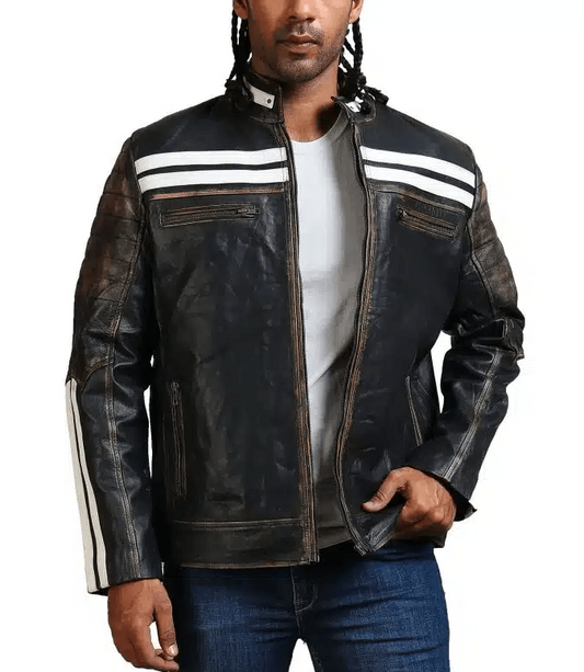 Men's Black Cafe Racer Biker Leather Jacket With White Straps