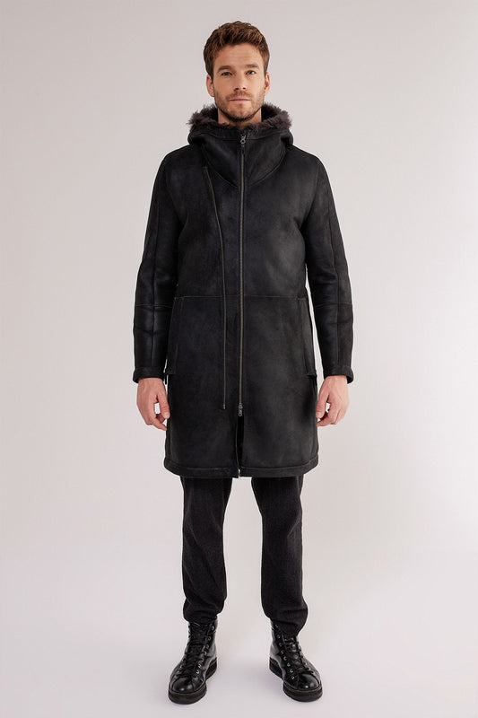 Men's Black Hooded Shearling Leather Coat