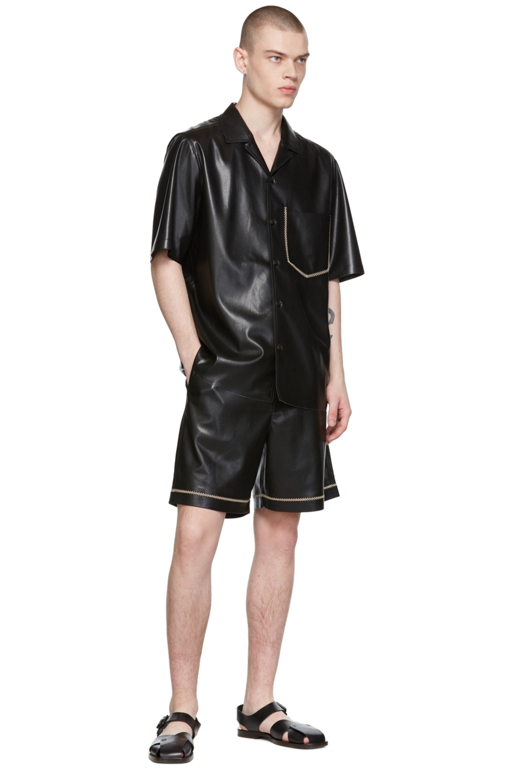 Men's Black Leather Shirt In Half Sleeve