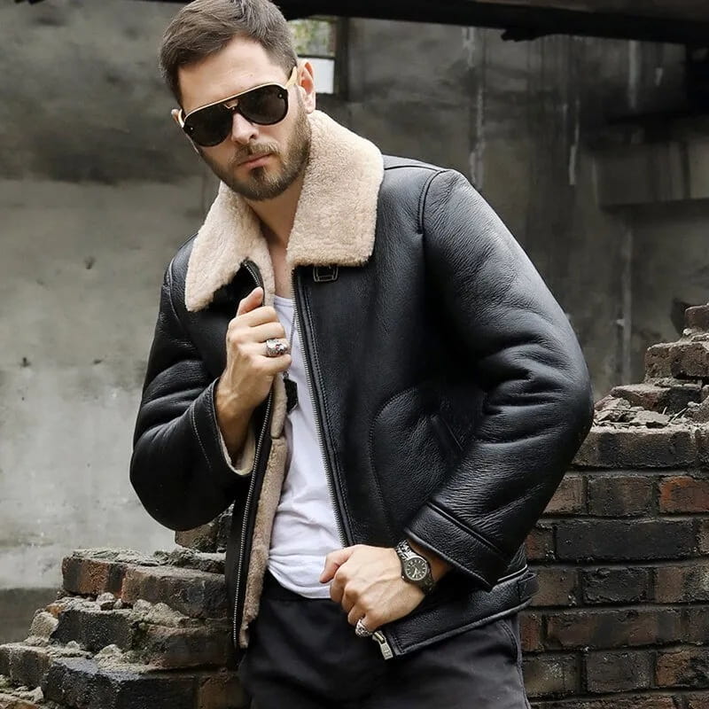 Men's Black Shearling Aviator Leather Jacket - Arcane Fox