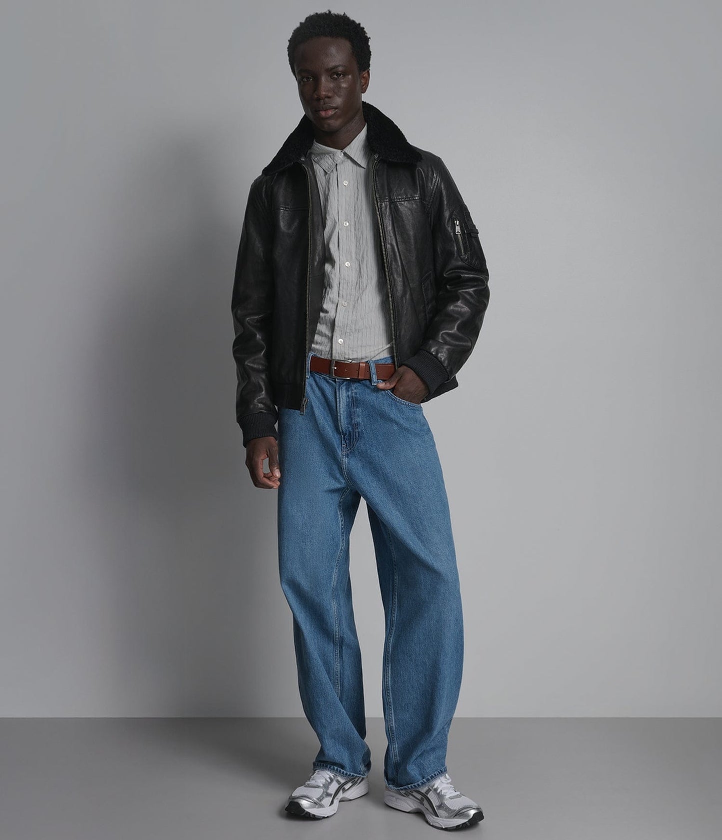 Men's Black Shearling Bomber Leather Jacket - Arcane Fox