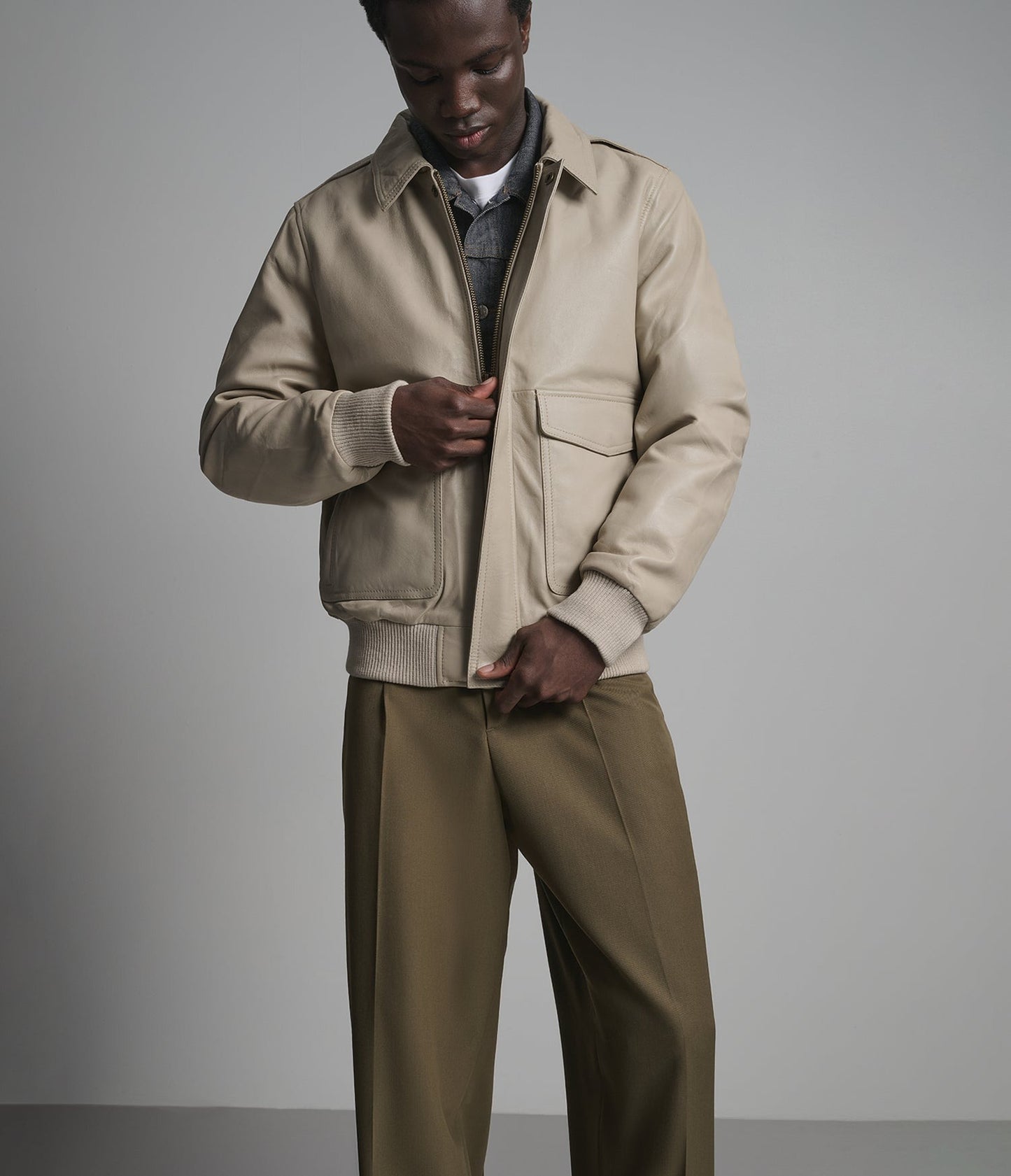 Men's Bomber Harrington Leather Jacket In Off White