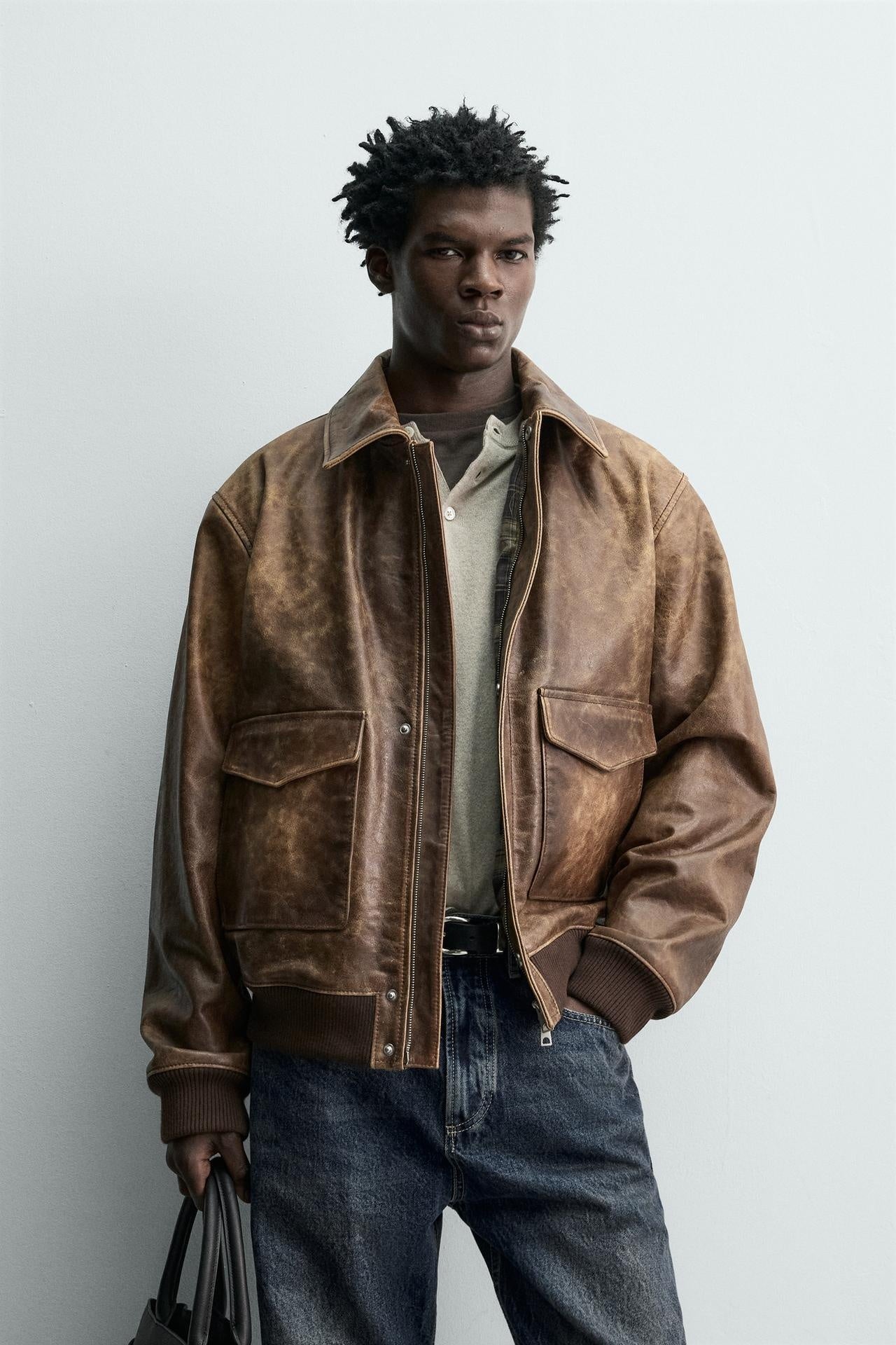 Men's Brown Bomber Distressed Leather Jacket