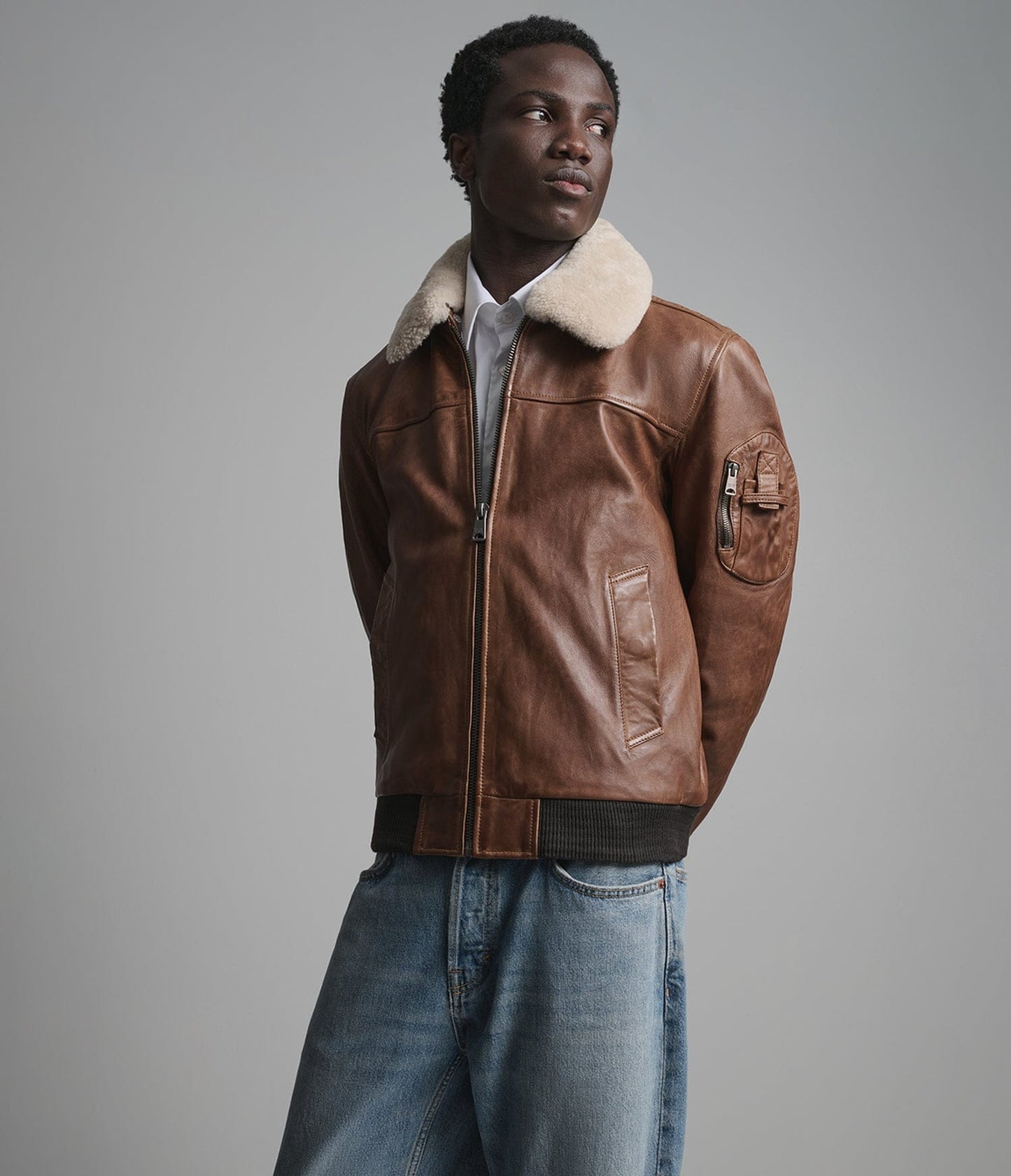 Men's Brown Bomber Shearling Leather Jacket - Arcane Fox