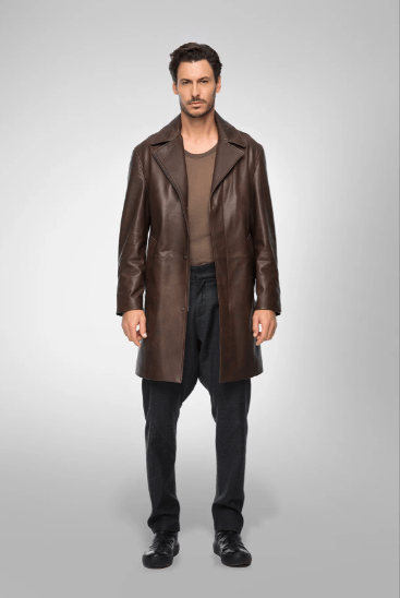 Men's Casual Leather Coat In Coffee Brown