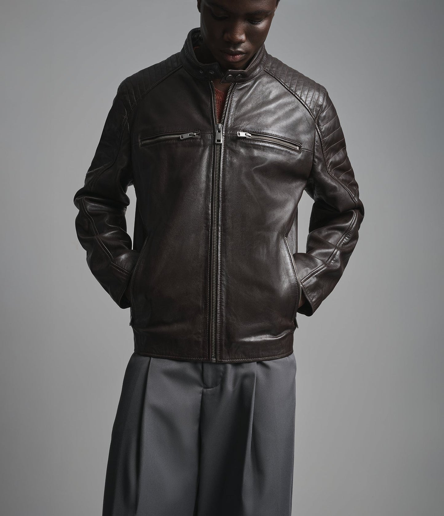 Men's Chocolate Brown Cafe Racer Leather Jacket