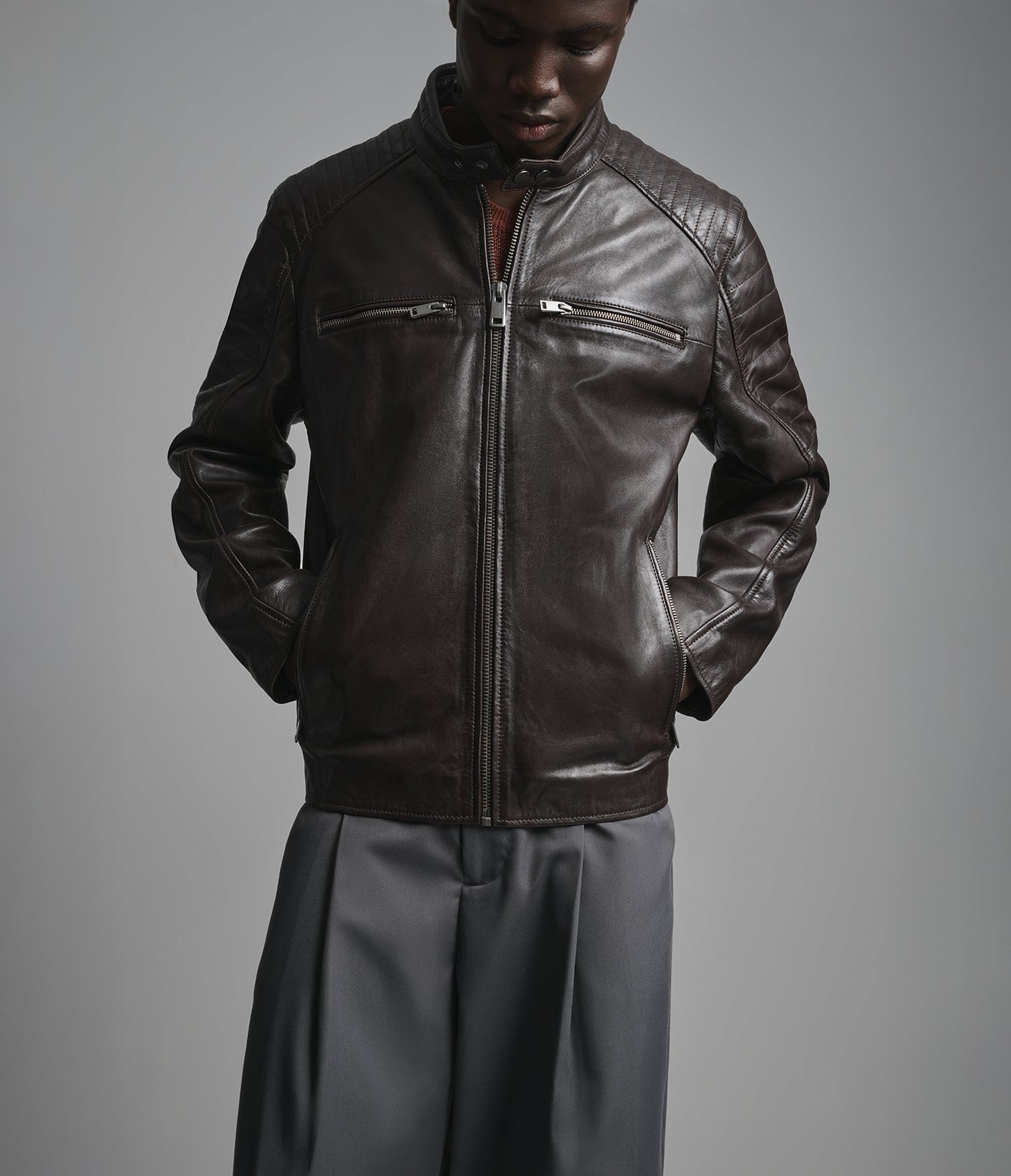 Men's Chocolate Brown Cafe Racer Leather Jacket